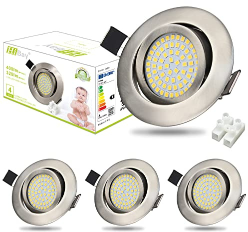 HiBay 4er Set Ultra Flach LED Spot Einbaustrahler 230V 3,5W Edelstahl gebürstet Einbauleuchten Neutralweiß Deckenstrahler 40°Schwenkbar Einbauspots | Metall Einbauspots Edelstahl Gebürstet 40° Schwenkbar Einbauleuchten für Wohnzimmer Schlafzimmer Flur Büro