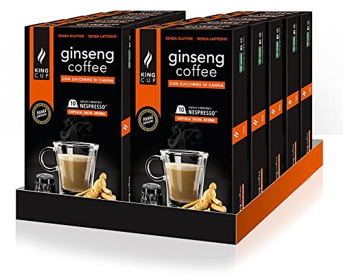 King Cup - 10 Paquets de 10 Capsules de Ginseng au Sucre de Canne, 100 Capsules 100% Compatible avec le Système Nespresso de Boisson Aromatisée Ginseng, Sans Gluten et Sans Lactose