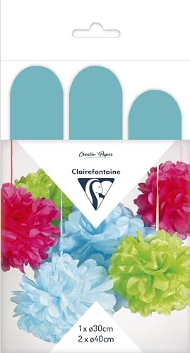 Clairefontaine 395427C Set mit 3 Pompons Seidenpapier, Ø 30cm x1 + Ø 40cm x2, ideal für Deko und Bastelprojekte, 1 Set, Himmelblau
