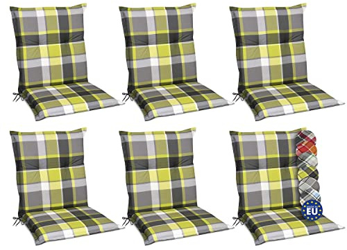 Beautissu 6er Set Niedriglehner Auflagen für Gartenstühle Stuhlkissen | 100x50cm Grün Kariert Polster bequeme Gartenstuhl Polsterauflagen UV-Lichtecht Gartenstuhlauflagen Niederlehner Sunny GR