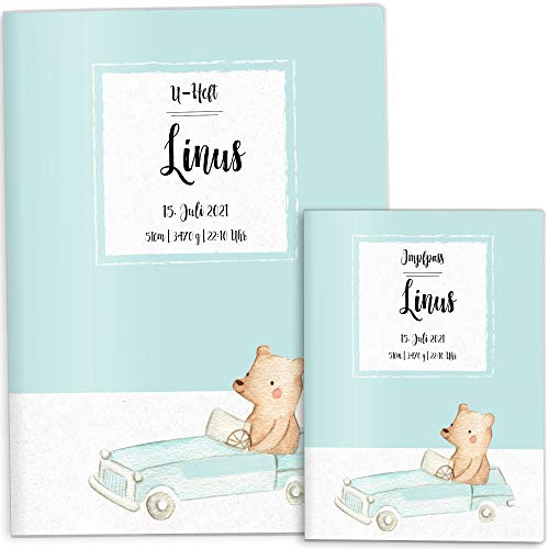 OLGS U-Heft und Impfpasshülle Set | Untersuchungsheft Hülle & Impfpass Hülle | personalisierte Geschenke Baby | Babygeschenke zur Geburt (U-Heft Set 2-teilig personalisiert, Bär Auto)