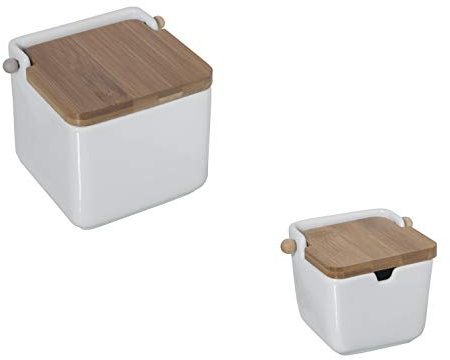 DRW Salero Original cerámica Cuadrado con Tapa bambú 12x12x12 cm (Pack salero y azucarero Blanco)