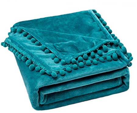 MIULEE Plaid Couverture Polaire en Flanelle Velours 1 Pièce Moelleux Douce Chaude Fourrure avec Pompom pour Lit Canapé Chambre Balcon Voyages Bébé Feuteille 170X210CM Vert d'Oeau
