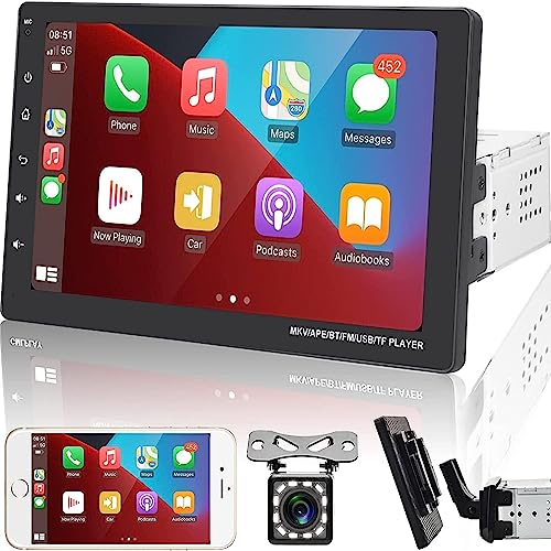 Radio de Coche 1 DIN Apple Carplay Android Auto, 9 Pulgadas Bluetooth Pantalla táctil Radio Coche con FM Radio Android/iOS Enlace Espejo/2 USB/AUX/SD, Control del Volante + cámara de visión Trasera