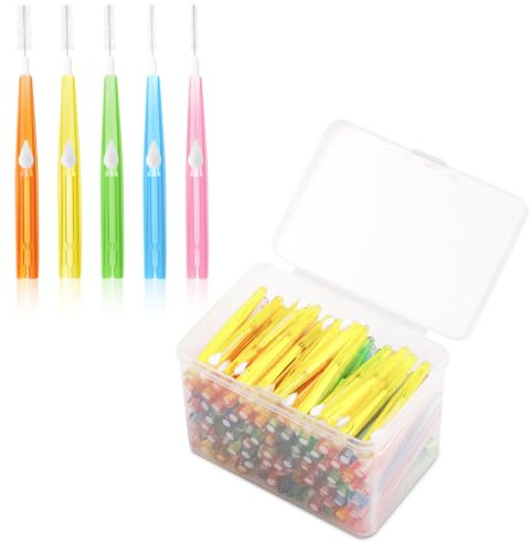 Annhua Interdentalbürsten 100 Stück, Zahnzwischenraumbürsten, Push-Pull Dentalbürsten mit Aufbewahrungsbox (Orange, Gelb, Rosa, Grün, Blau)