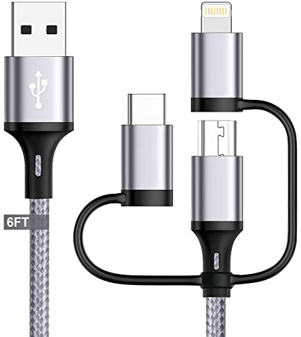 Cavo di ricarica multi veloce 3-in-1 [certificato MFi] Cavo di ricarica rapida USB da 1,8 m con porte Lightning/Tipo C/Micro USB per iPhone,iPad,Samsung Galaxy,Huawei,Xiaomi,Sony Xperia,LG,HTC,Ps4