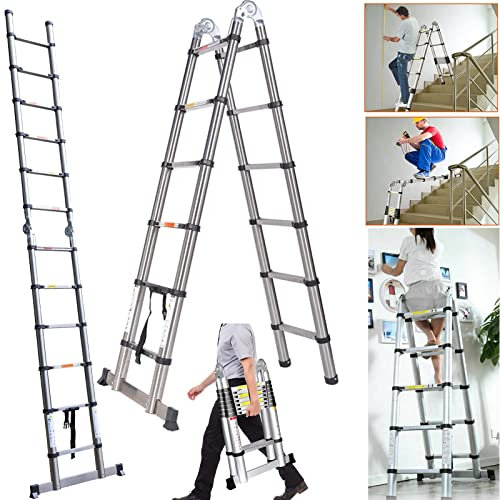 Telescopic Extendable Ladder Folding Portable Stepladder with Stabilizer Bar,Heavy Duty Stainless Steel Multi-Purpose A-Frame & Straight Telescoping Ladder,EN131 Standard Max Load 330LBS(12.5FT/3.8M)