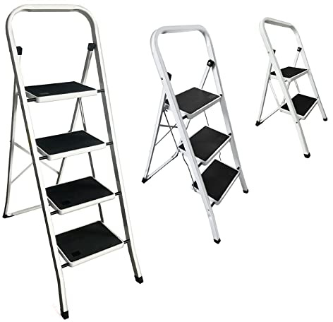Klappleiter mit 4 Stufen, robuste Stahlleiter, 4 Stufen, faltbar, mit Handlauf, Sicherheits-Trittleiter für drinnen und draußen, Haushalt und Büro