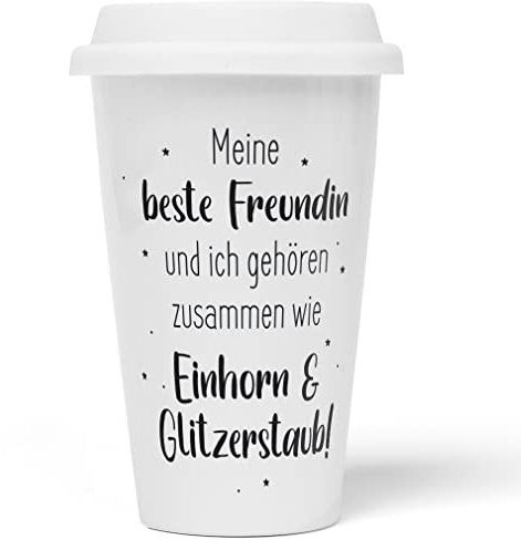 JUNIWORDS To-Go Becher mit Deckel, Meine beste Freundin und ich gehören zusammen wie Einhorn & Glitzerstaub! (1008693)