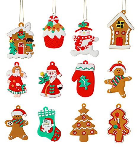 VEYLIN Christmas Gingerbread Ornaments,12 Pack Assorted Santa Claus Snowman Ginger Man Clay Figurine with Strings for Xmas Tree Decorations