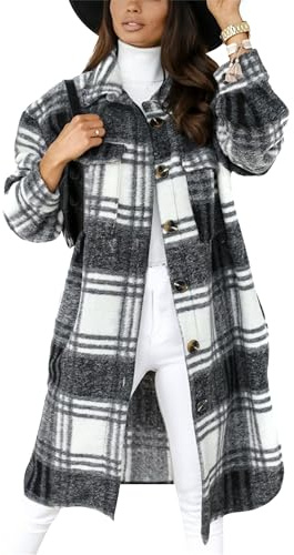 EFOFEI Damen Boyfriend Karo Tunika Casual Check Bluse Tops Tweed Long Jackets Vintage Plaid Shirt Button Down Tops Dunkelgrau XXL