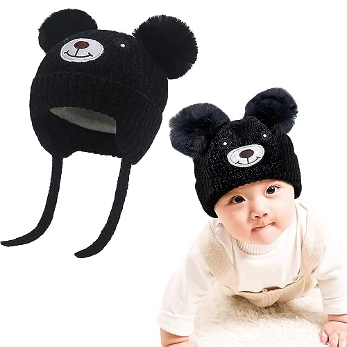 Söt björn barn vinter fleece fodrad stickad mössa med öronklaffar dubbel pom-pom chenille lurvig mössa öronlapp varm mössa hatt med rem kallt väder varm mössa för 1-5 år spädbarn småbarn pojkar
