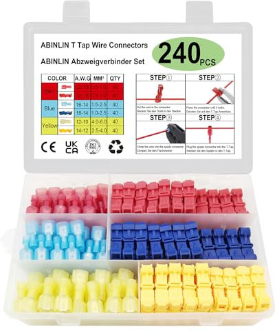 ABINLIN Abzweigverbinder Kfz 240 Stk - Stromdieb Kfz Kabelverbinder, 120 Stk T-Tap Abzweigverbinder + 120 Stk Flachstecker, Abzweigklemme für Schnelle Verbindungskabel