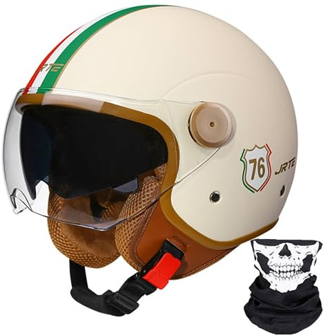 Casque De Moto, Demi-Casque De Moto Rétro 3/4 Ouvert avec Double Visière, pour Hommes Et Femmes, Casque De Scooter, VTT, Cruiser, Approuvé ECE/Dot