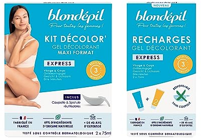 Blondépil - Lot Decolor Express, Creme decolorante visage et corps, Adapté aux peaux sensibles, Ultra rapide, Made in France, 89% d’ingrédients d’origine naturelle, Tubes de 2x75ml, Recharge 2x75ml