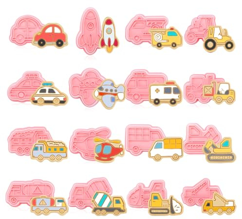 Guiqulai 16 PCS Transportation Vehicle Cookie Cutters with Plunger Stamper, Car Cookie Mould Set, Transportation Theme Set Embossing Dies, Construction Vehicles Cookie Cutters Set for Fondant Cookies