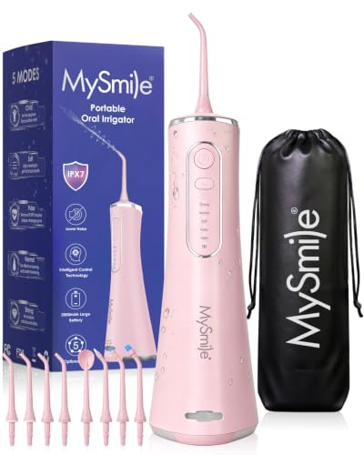 MySmile LP211 Wasserseide, kabellos, für Zähne, mit 8 Spitzen, 260 ml Tank | Power Zahnseide für Erwachsene & Kinder, wiederaufladbare Munddusche mit 5 Modi, IPX7 Wasserseide für Zuhause und Reisen