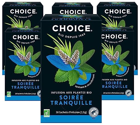 CHOICE - Soirée Tranquille, Infusion aux Plantes, 100% Bio, Apaisant & Réconfortant, récolté à la main, 120 (6x20) Sachets de Thé thermosoudés et sans Agrafe