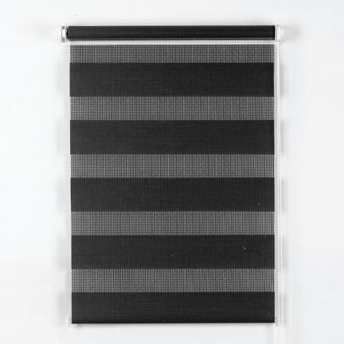 Apex Furnishings Zebra Day and Night Blinds Dual Layer Fabric Opaque & Translucent Easy Fit Zebra Blind for Windows and Door Black Roller Blinds (64cm X 165cm)