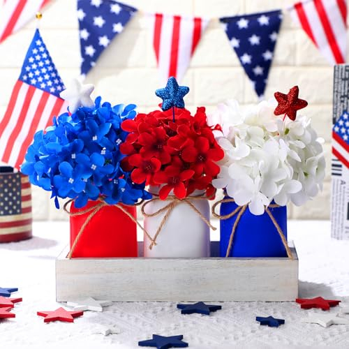 Nuogo 4th of July Mason Jar Centerpiece for Table Independence Day Farmhouse Mason Jar Decor Include 1 Decorative Wood Tray 3 Decorative Jars 3 Hydrangea Flowers 3 Star Sticks for Home Decorations