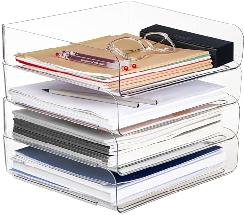Purilit design 4 PCS Ablagekorb für A4, Dokumentenablage aus PET Kunststoff, A4-Papierablage für Zuhause, Büro,Schule, Stapelbare Schreibtisch Organizer Briefkorb, Briefablage für Akten, Papier