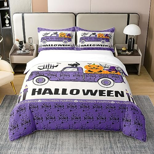 Loussiesd Halloween 100% Baumwolle Bettwäsche Set 200x200cm Jungen Mädchen Kürbis Laterne Bettbezug Set Für Kinder Schwarze Katze Zauberer Auto Betten Set Spinnennetz Bettwäsche Bettbezug