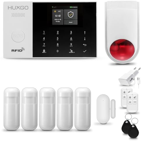 Alarmanlage Haus WiFi + GSM mit Solar Funksirene HXA005 HUXGO® | Tuya Smartlife App | Alarm System mit Fenstersensor, 5X Bewegungssensor | Alarmanlage Wohnung, Garage
