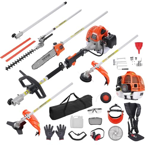 VEVOR Outils de Coupe Multifonctionnel 6 en 1, Taille-haie à gaz 33 CC, désherbeur, Taille-Bordure, Moteur Deux Temps, scie à Perche, tronçonneuse avec rallonge, Outils pour élagage arbuste Branche