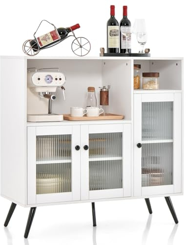 KOMFOTTEU Bufféskänk med 3 glasdörrar, köksskåp, trä, industriell stil, förvaringsskåp, köksbuffé, trä, bufféskåp för matsal, vardagsrum, kök, 100 x 39,5 x 100 cm (vit)