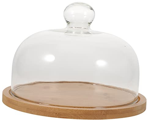 Ciieeo Glass Food Cover with Wood Plate Dome Display Dustproof Cake Stand for Snacks Handle for Convenient Serving Kitchen Decoration