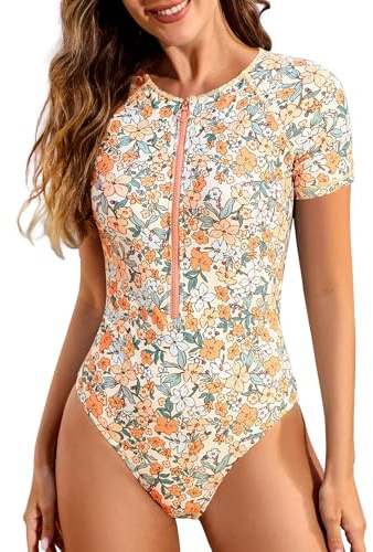 Tuopuda UV Shirt Damen Schwimmshirt Kurzarm Rash Guard mit Zip UPF 54+ UV Schutz Rashguards Badeshirt Langarmshirts Sportshirt für Wasser Strand Surfen Schwimmen S-XXL, Orange, XXL