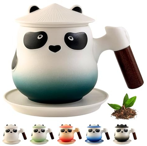 Kicura - PANDA Teetassen-Set, 350 ml – 4-teiliges Set aus Keramik – mit Holzgriff, inkl. Sieb, Deckel & Unterteller – Tassen-Set – für Teeliebhaber & als Deko – in Geschenkbox – in 6 Farben (Petrol)