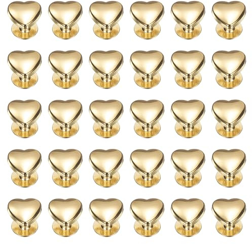 sourcing map 30 remaches de metal de 10 mm con forma de corazón para decoración de bolsas de cuero, cinturón, ropa, zapatos, bolsos, suministros para manualidades, color dorado
