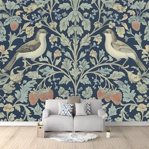 Carta da Parati Panoramica Fiori E Uccelli In Stile William Morris 250x175 cm Carta da Parati Murale Non Tessuto Poster Gigante, per Soggiorno Camera da Letto TV Sfondo Decora Parete Murali