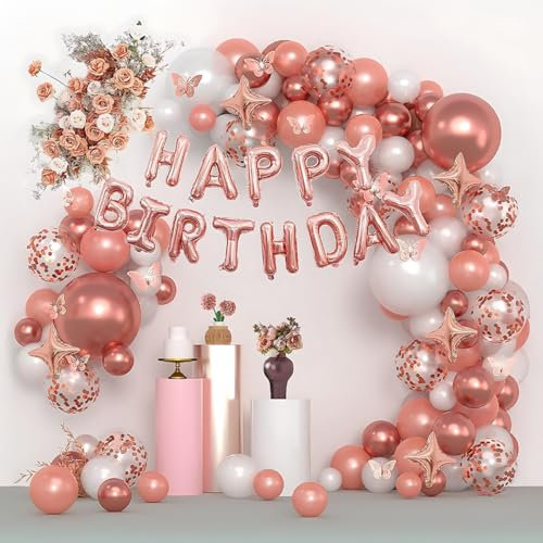 Arco de Globos Decoracion Cumpleaños Mujer. 133 pcs con Mariposas Decorativas, Banner Happy Birthday, Globos Rosa Dorado, Naranja y Globos Estrella. Decoración Baby Shower Niña y Guirnalda Cumpleaños