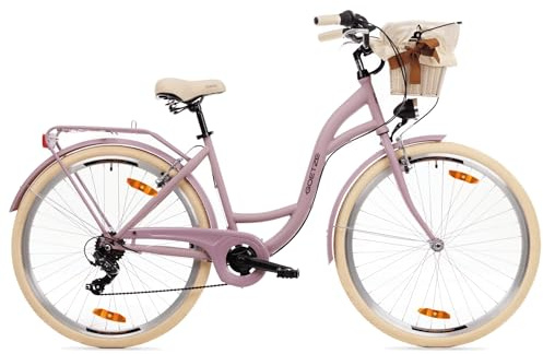 Goetze Mood 28 Zoll Citybike Damen | 18 Zoll Tiefeinsteiger | Shimano Tourney 7-Gang | LED-Beleuchtung | Korb & Gepäckträger | Komfortsattel | City Fahrrad für Alltag & Freizeit