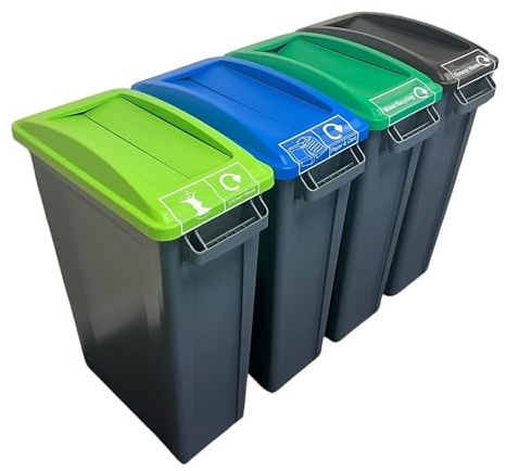 Chabrias Ltd 4 Set 60L Slim Recycling Bin Set with Open Lids + Logo - Colour Coded Waste Separation Recycling Station for Home, Office & Kitchen - Narrow Space-Saving Recycling Bins with Vent Channels