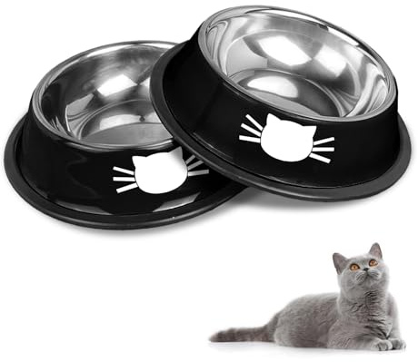 Set di ciotole antiscivolo in acciaio inox per gatti e animali domestici (nero + nero)