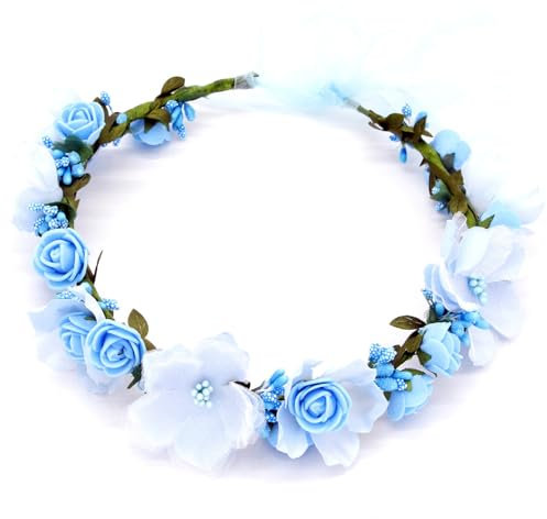 Couronne de fleurs bleues 1pc, couronne florale réglable avec ruban, bandeau de fleurs artificielles pour femmes accessoires cheveux Mariages Photographie.