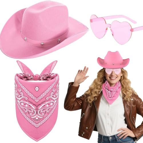 Saier tbo 3 Stück Cowboyhut Zubehör Set, Western Cowboy Kostüm Kit mit Cowboyhut Bandana Brille für Erwachsene Halloween Fasching Karneval Party (Rosa)