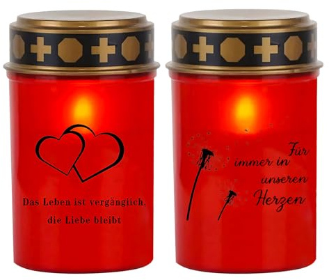 LED Grablicht für Draußen, 2 Stück Flammenlose LED Grabkerzen Batteriebetrieben, Grablichter Flackernde Kerzenlicht Wasserdicht Friedhofskerzen Batteriebetrieben Abnehmbar Grablaterne für Außen (Rot)