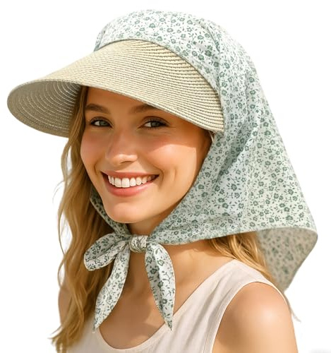 CLAPE Solhatt damer basebollkeps halm brätte bandana baseball cap UV skydd bandana med skärm huvudduk solhatt utomhus mössa, Sv2502-floralgreen