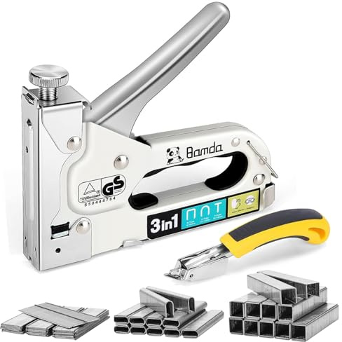 Bamda 3 in 1 Tacker für Holz für Möbelbau und Handwerk - Weiß | 2100 Klammern & Klammerentferner, Robust und Langlebig, Einstellbare Schusskraft, Rostschutz, Ergonomisches Design