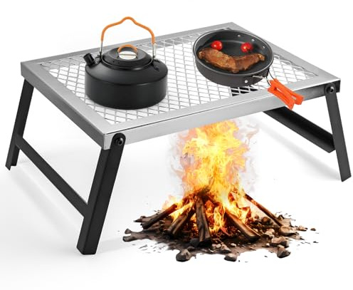 Anbte Folding Campfire Grill, 41 cm x 18 cm Heavy Duty Steel Mesh Grate Chrome Finish with Folding Legs, Portable Campfire Cooking Equipment, for Camping Outdoor BBQ Cooking Open Fire, Silver