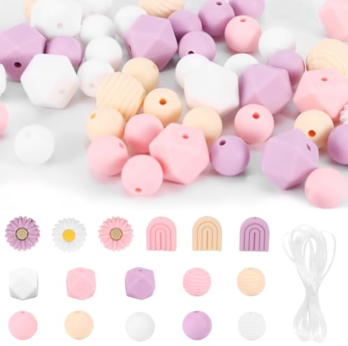 Lot De 100 Perles Rondes En Silicone En Forme De Marguerite, Avec Cordon En Nylon, Convient Pour Porte-Clés Et Bracelets Faits Maison (4 Couleurs)