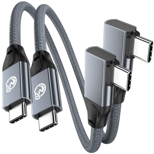 Cable USB C a USB C Corto 0.3M 2Pack, 90 Grados 100W Cable USBC 3.2 Gen2×2 | 20Gbps Transferencia Datos, Cargador de 90 Grados Tipo C a C, Vídeo 5K/4K@60 Hz, para iPhone 17 16, MacBook, Galaxy S26