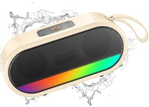 Cassa Bluetooth Portatile Potente, Altoparlante Bluetooth 5.3 con Sonori Stereo HiFi Bassi, IPX6 Speaker Bluetooth con Luce LED, 10H di Autonomia, Chiamata Senza Mani per Casa, Esterno, Viaggi, Bianco