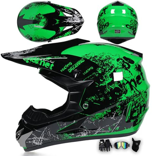 Casco De Motocross ATV para Hombre Adulto Casco De Motocicleta ECE Casco Moto Integral para Todoterreno Moto De Nieve Superbike MX Enduro Quad, con Guantes Gafas Máscara,Green-XXL