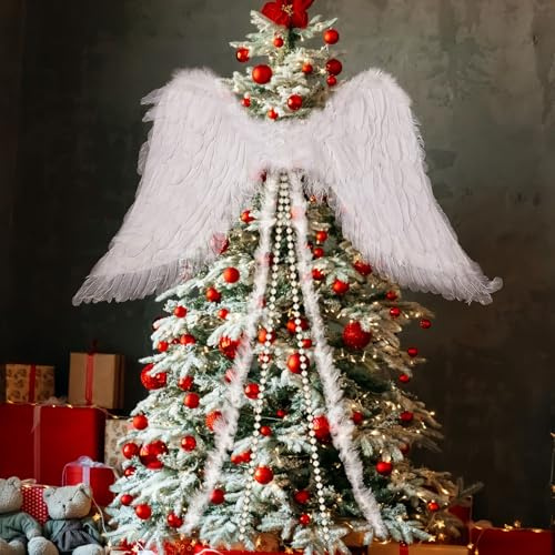 Seenelling 25 x 43 Inches Christmas Angel Shaped Large Wing Ornament Christmas Tree Angel Feather Wings with Feather Ribbon and Long Pearl Chains Hanging Decor Xmas Tree Topper for Xmas Holiday