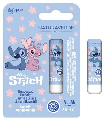 NATURAVERDE Kids -STITCH Burrocacao Vaniglia 5ml, Idratante e Protettivo con SPF 15, Ideale per Bambini